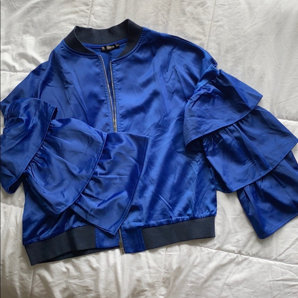 blue throw over coat with ruffled bell sleeves